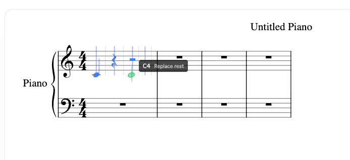 音符入力モードでゴーストノート（半透明プレビュー）が表示された楽譜